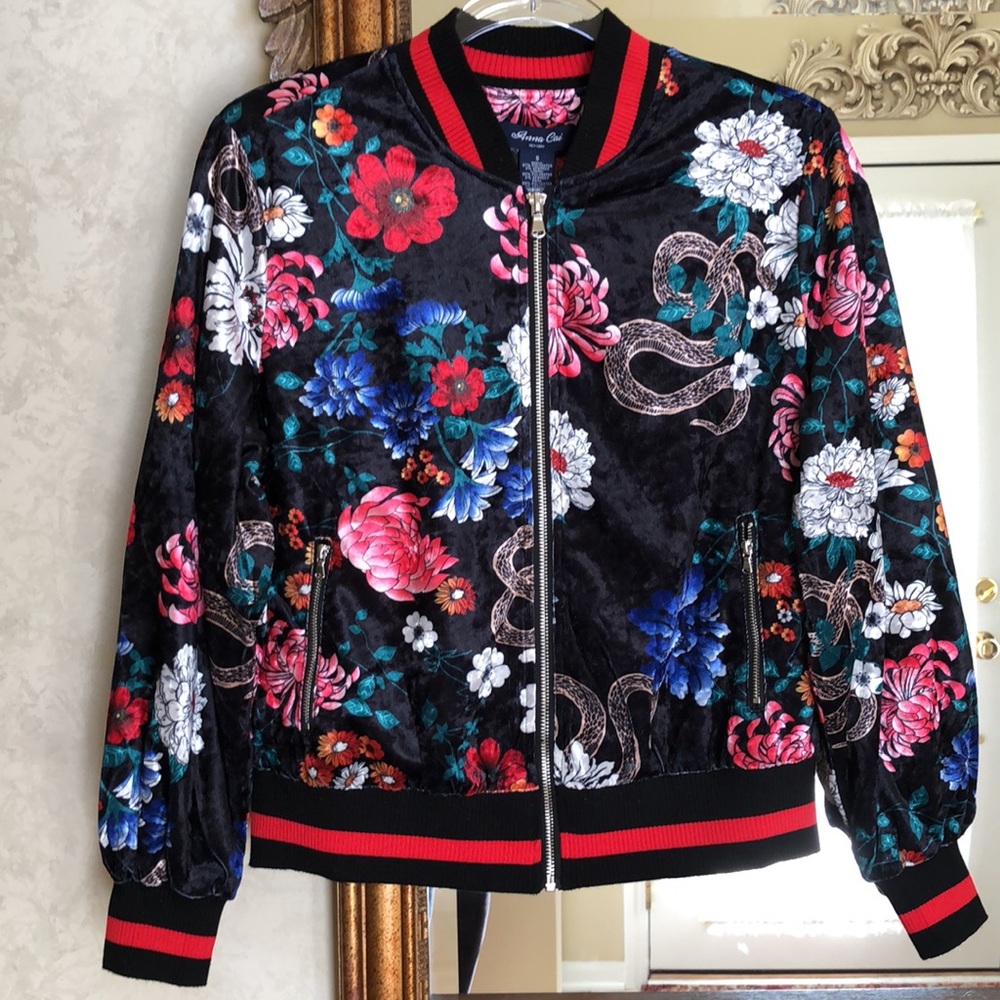 Floral Velvet Bomber Jacket - Black with Multicolor Floral Print